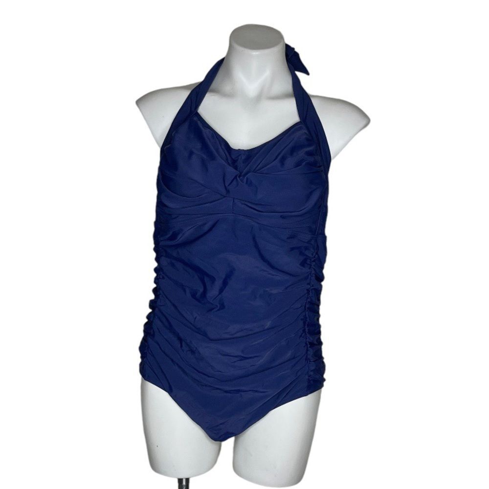 YONIQUE One Piece Blue Swimsuit Halter Tie Removable Soft Cups Plus Size 18W NEW
